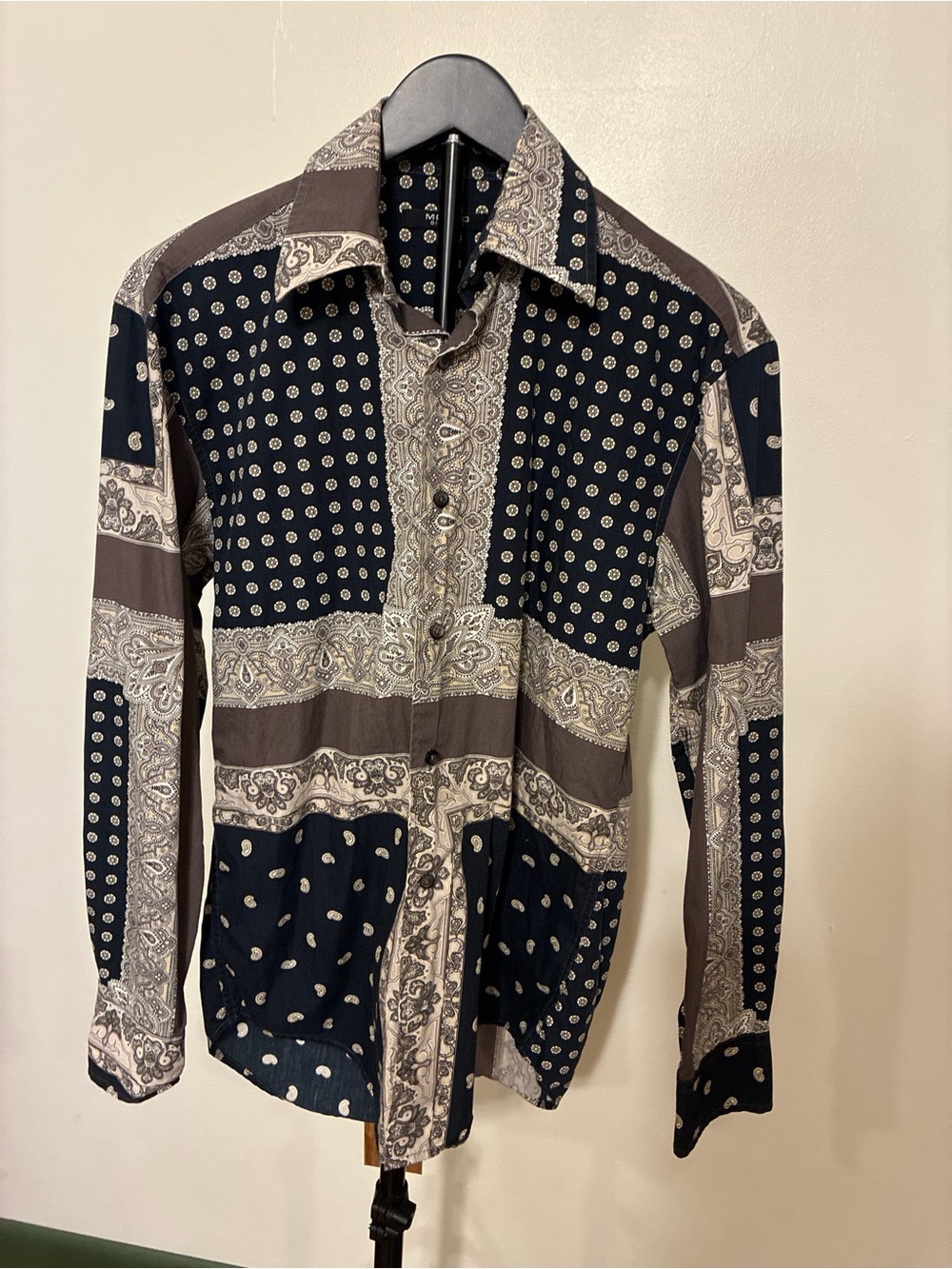 Mondo Di Marco Men's Paisley Patchwork Button-Up Shirt in Black and Brown vtg